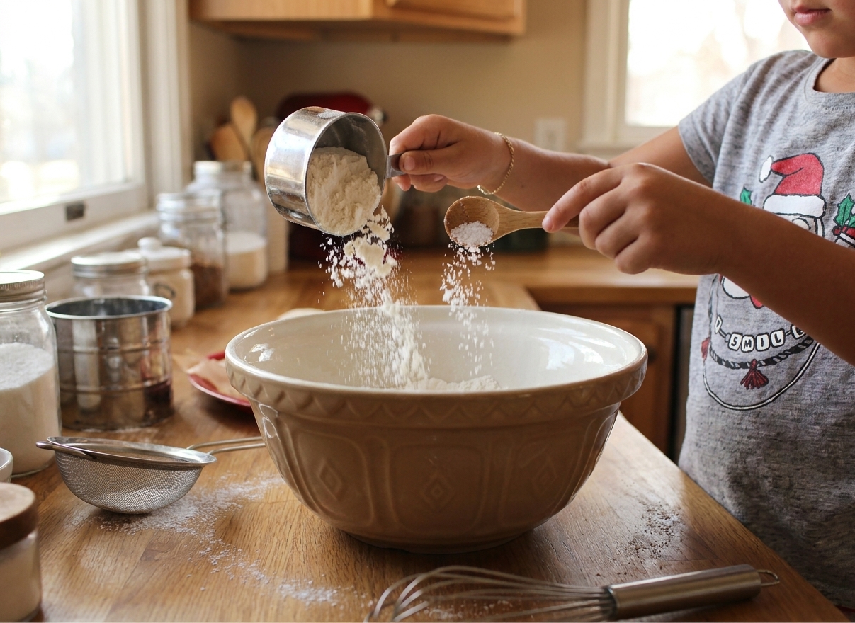 A mixing bowl on a kitchen counter with measured flour and salt being poured in from measuring cups