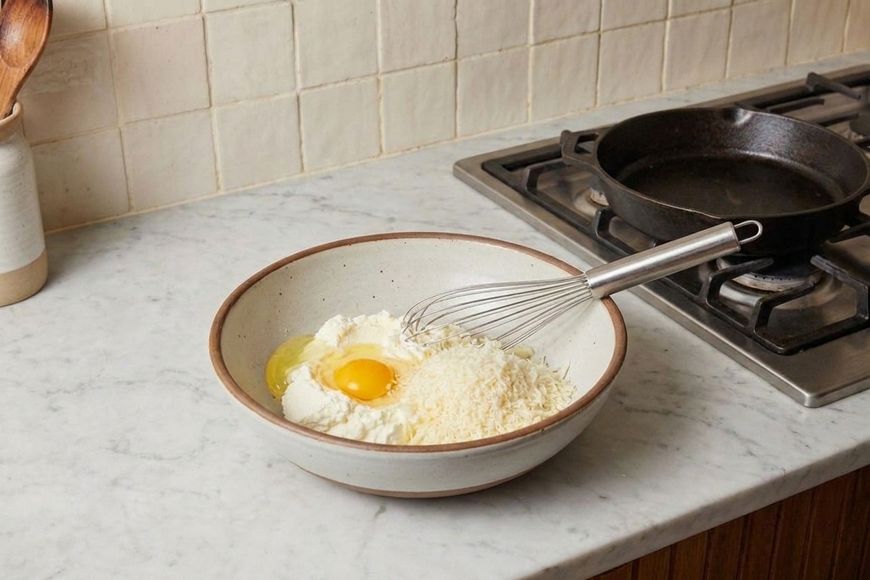 A mixing bowl on a kitchen counter with ricotta, a cracked egg, and grated parmesan ready to be mixed for lasagna