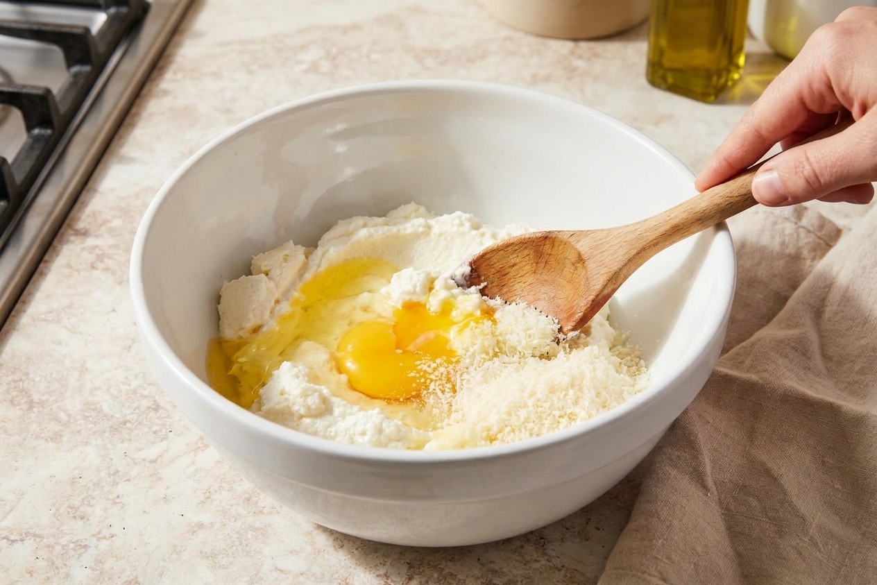 A mixing bowl on a kitchen counter with ricotta, an egg, and grated Parmesan being stirred together for the cheese layer