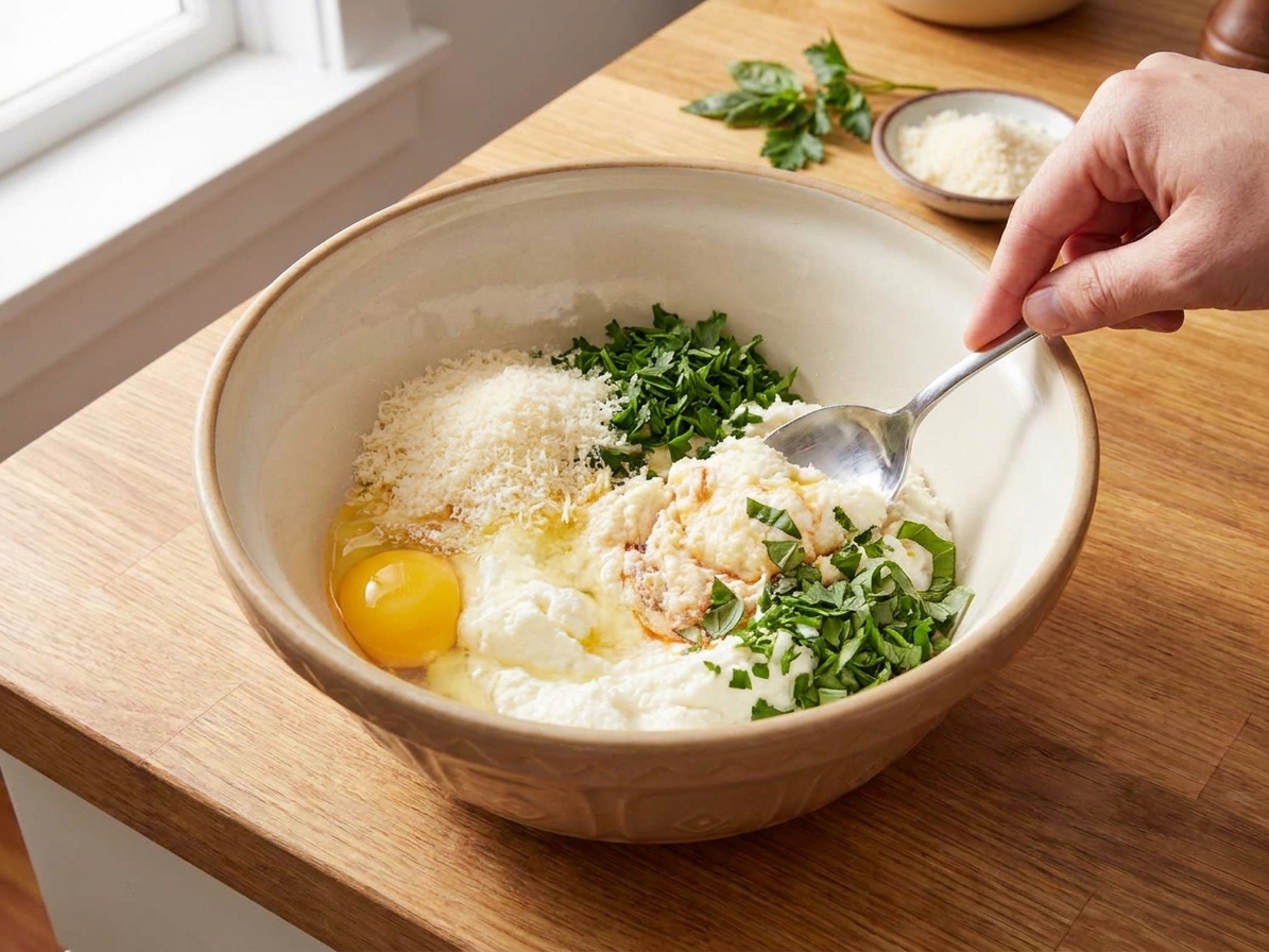 A mixing bowl on a kitchen counter with ricotta, egg, Parmesan, and herbs being stirred together with a spoon