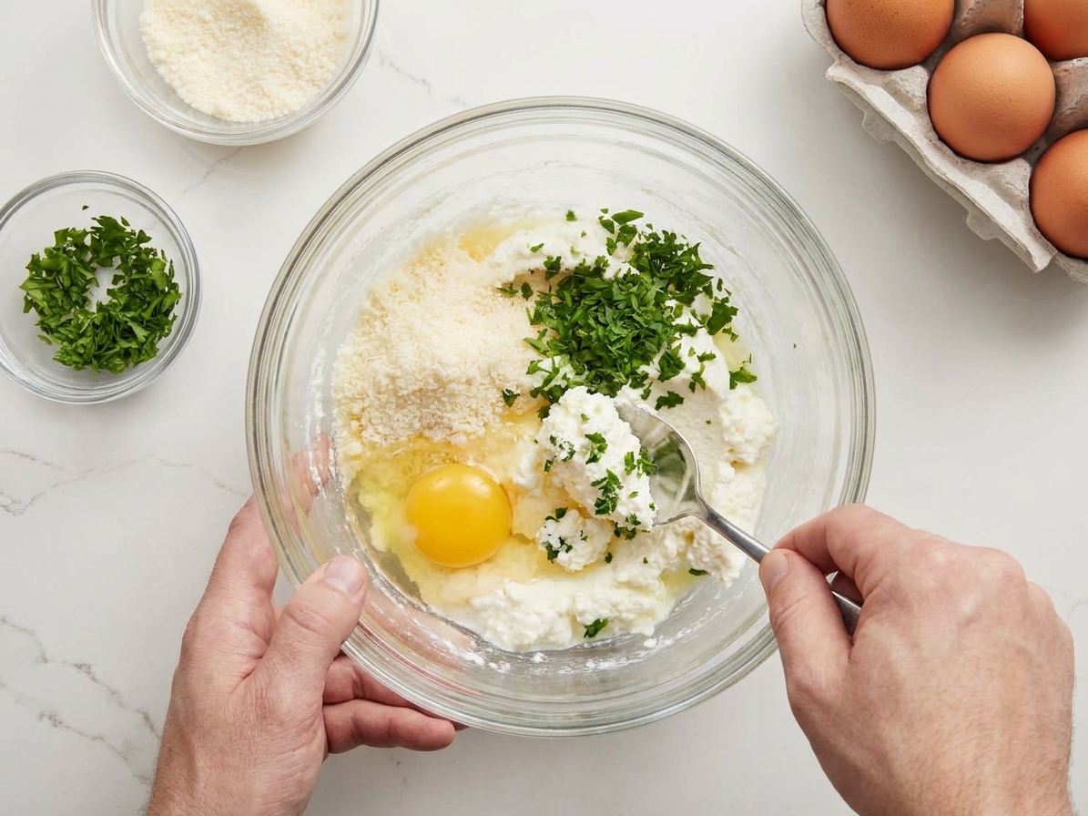 A mixing bowl on a kitchen counter with ricotta, egg, grated Parmesan, and parsley being stirred together with a spoon