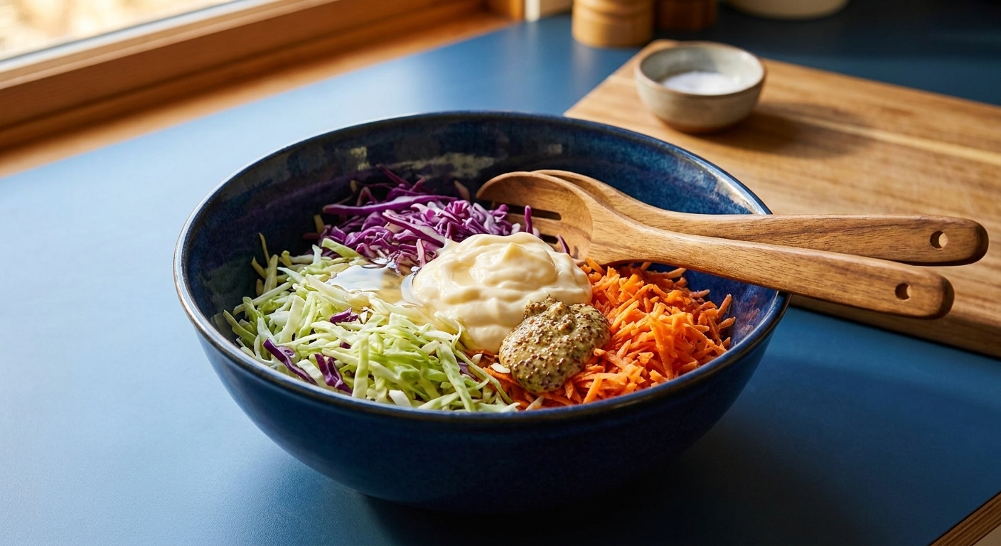 A mixing bowl on a kitchen counter with shredded cabbage, grated carrot, mayonnaise, vinegar, and Dijon mustard ready to be tossed