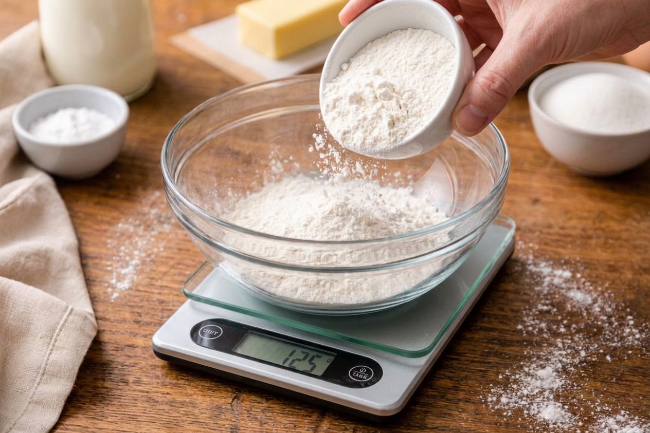A mixing bowl sitting on a digital kitchen scale while flour is poured in gradually
