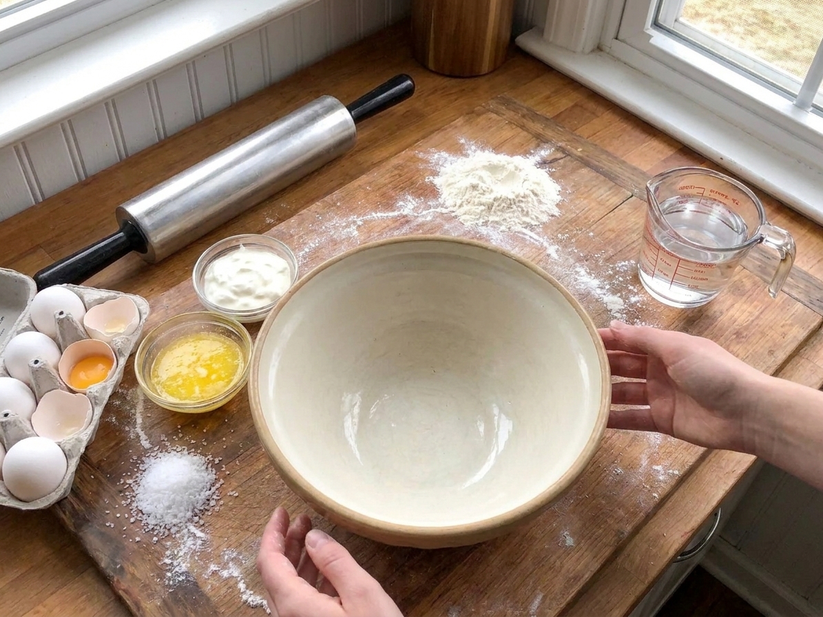 A mixing bowl surrounded by flour, eggs, sour cream, melted butter, salt, and a measuring cup of warm water on a tidy kitchen counter
