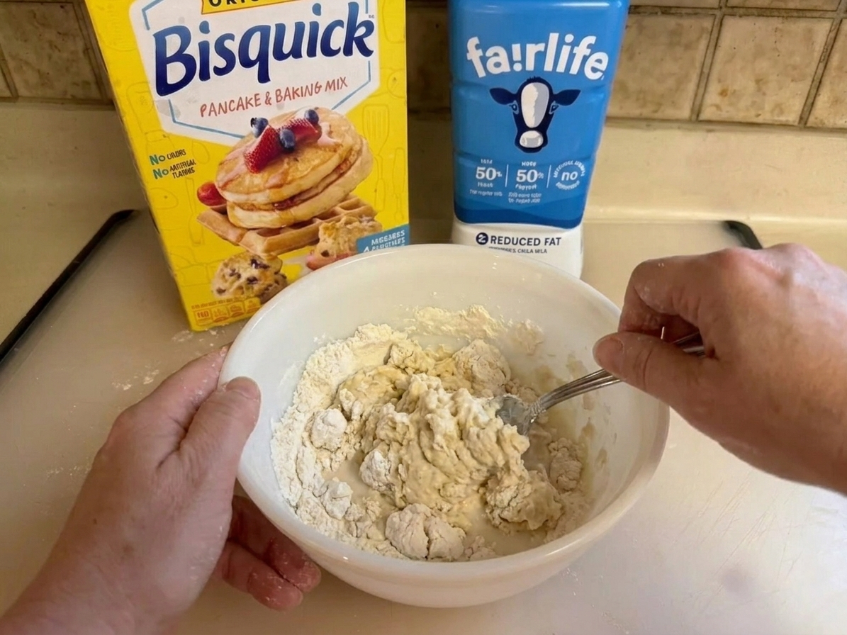 A mixing bowl with Bisquick and milk being stirred with a fork until a shaggy biscuit dough forms