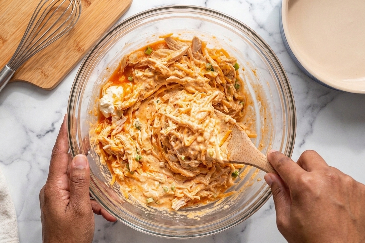 A mixing bowl with Buffalo chicken dip ingredients being stirred together until creamy and evenly combined on a kitchen counter
