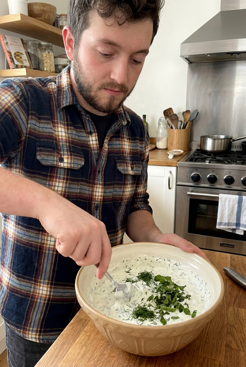 A mixing bowl with Greek yogurt sauce and herbs being stirred with a spoon on a kitchen counter