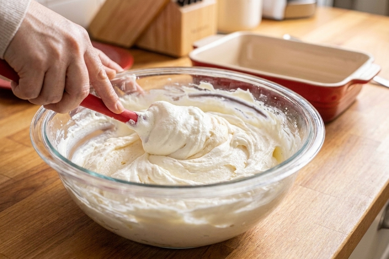 A mixing bowl with a fluffy cream cheese mixture being folded together with whipped topping using a rubber spatula on a kitchen counter