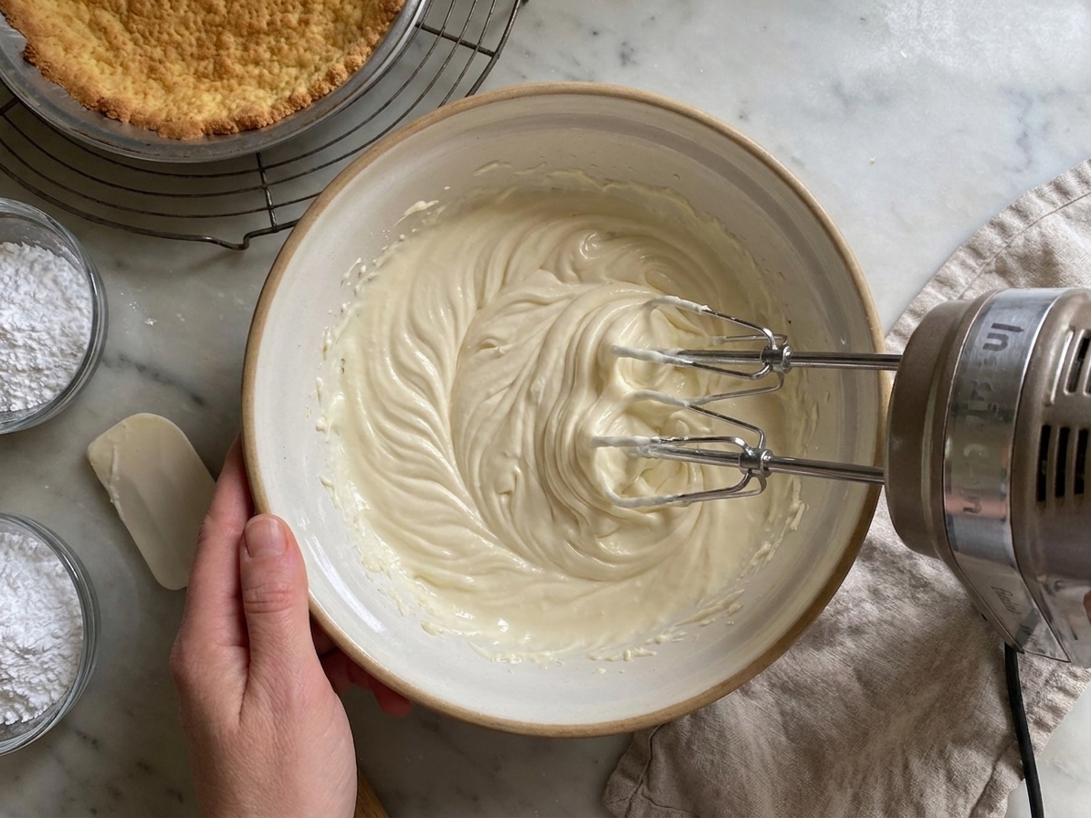 A mixing bowl with a pale cream cheese topping being beaten until smooth with a hand mixer on a kitchen counter