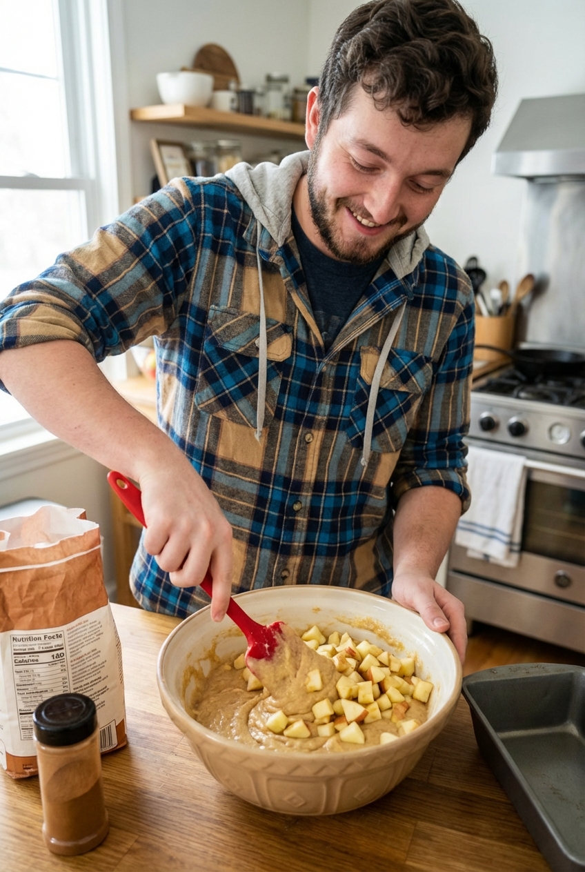 A mixing bowl with apple bread batter and diced apples being folded in with a rubber spatula on a kitchen counter