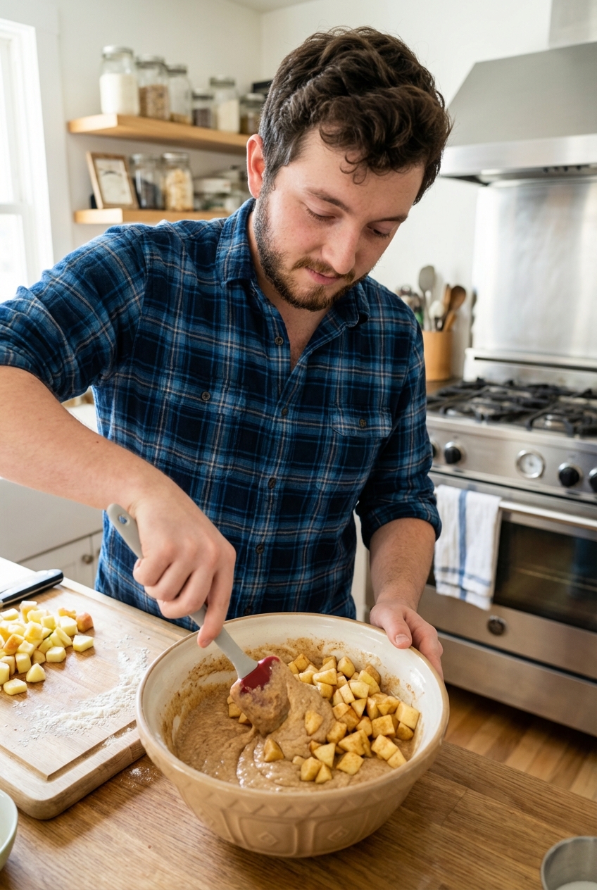 A mixing bowl with apple fritter batter and diced apples being folded in with a spatula on a countertop