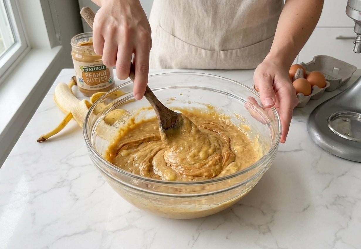 A mixing bowl with banana peanut butter batter being stirred with a wooden spoon on a kitchen counter