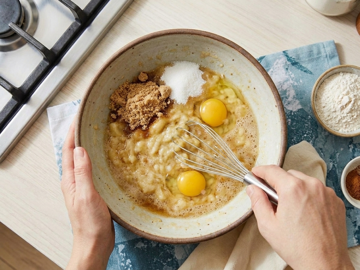 A mixing bowl with banana, sugars, and eggs being whisked together on a kitchen counter