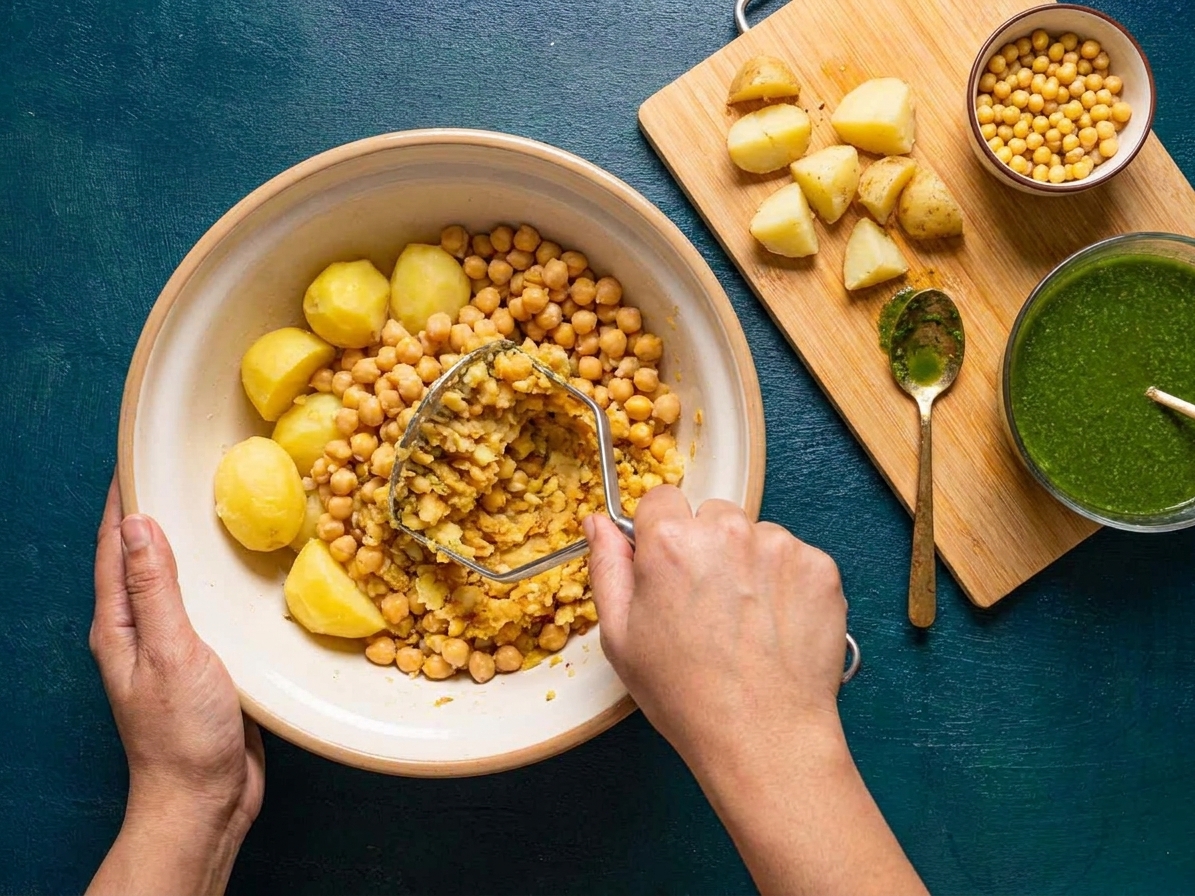 A mixing bowl with boiled potatoes and chickpeas being mashed together on a kitchen counter
