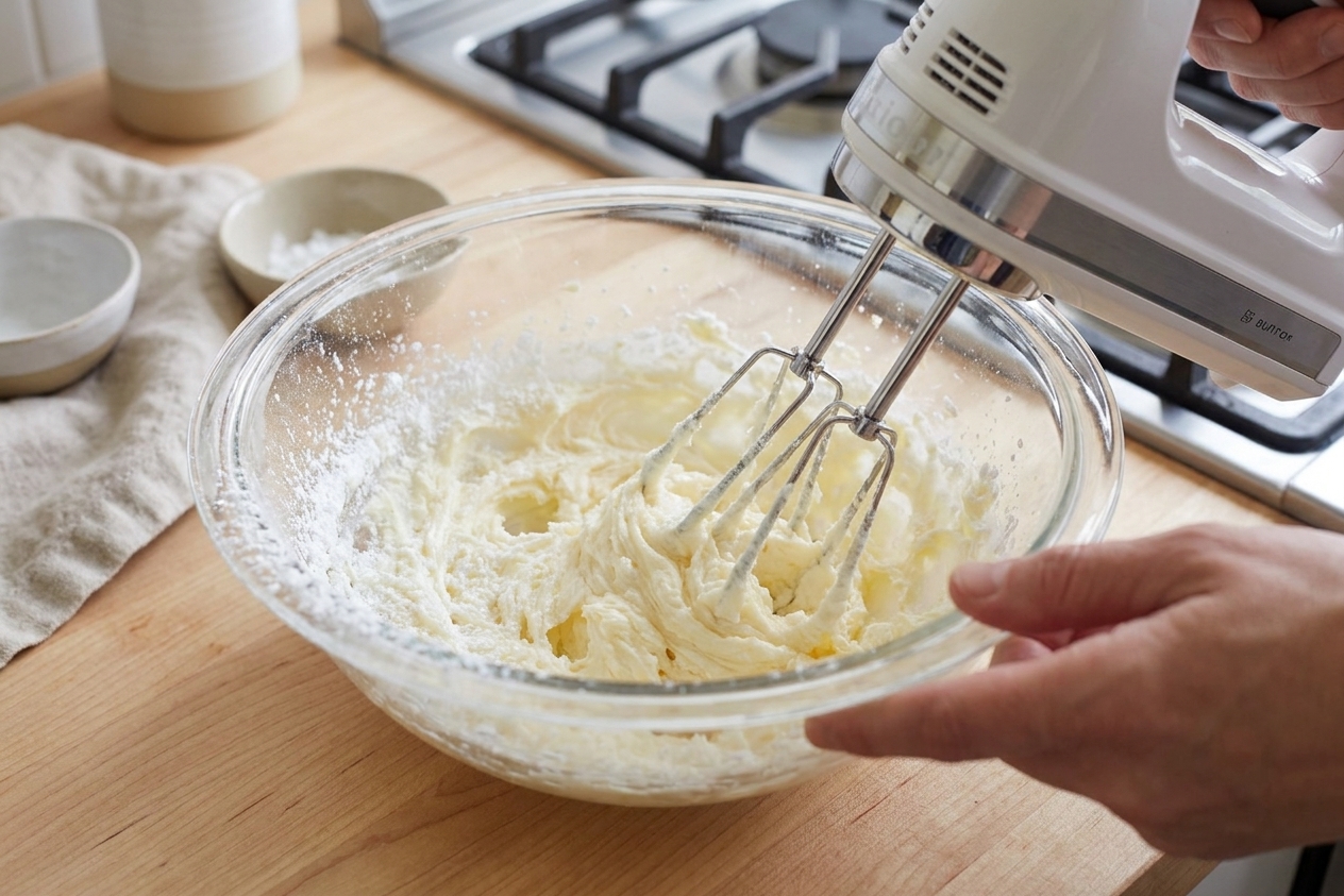 A mixing bowl with butter and powdered sugar being creamed with a hand mixer on a kitchen counter