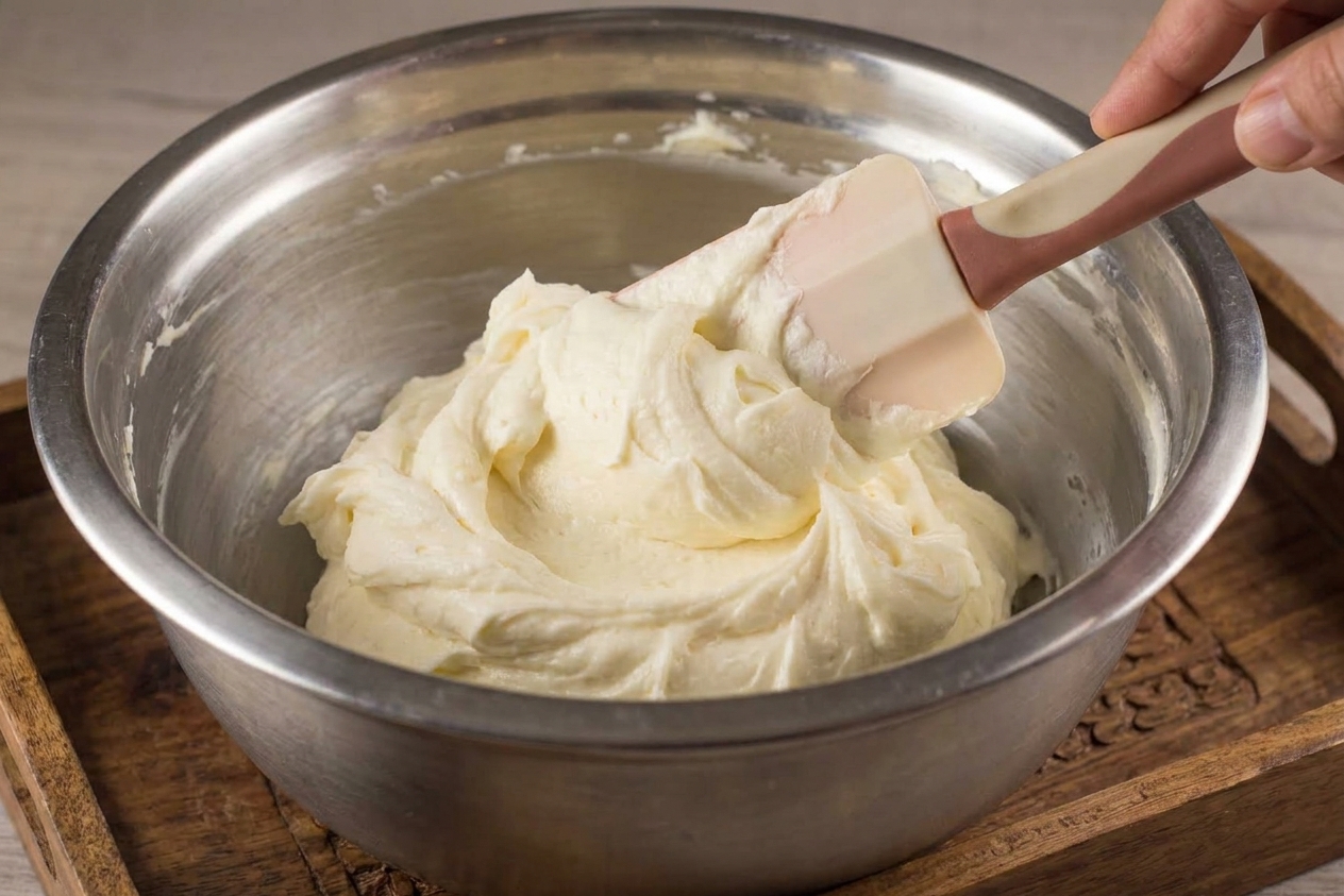 A mixing bowl with butter whipped until pale and fluffy, with a spatula scraping down the sides