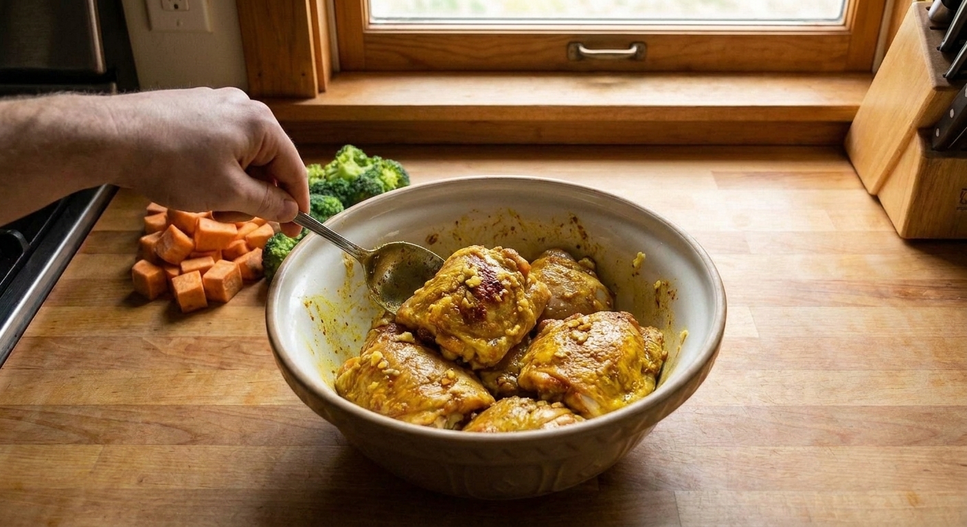 A mixing bowl with chicken thighs being tossed in a golden turmeric and ginger spice mixture on a kitchen counter