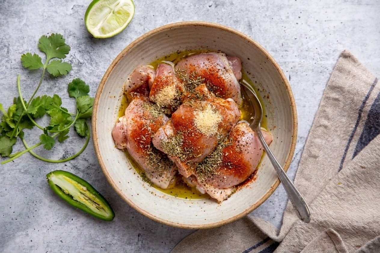A mixing bowl with chicken thighs coated in spices and olive oil with a spoon resting on the side
