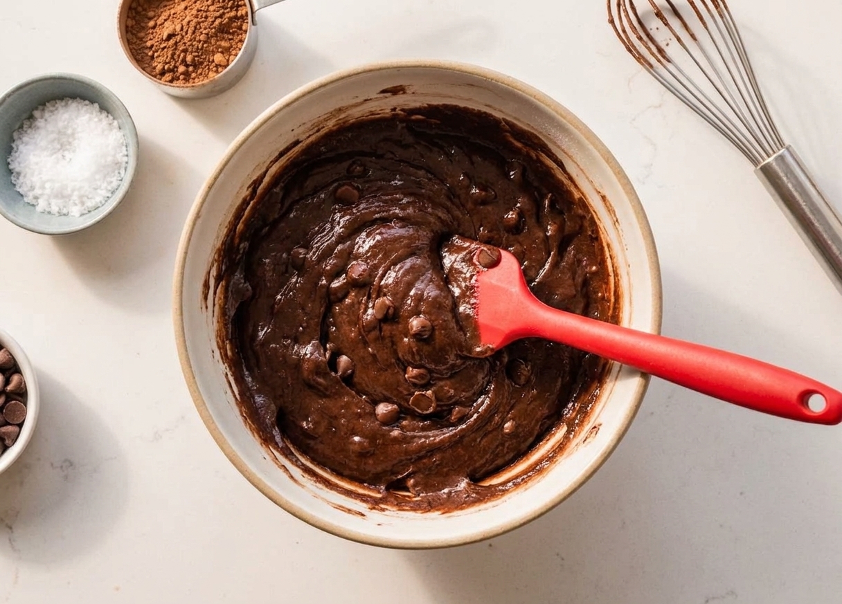 A mixing bowl with chocolate brownie batter being stirred with a rubber spatula on a tidy kitchen counter