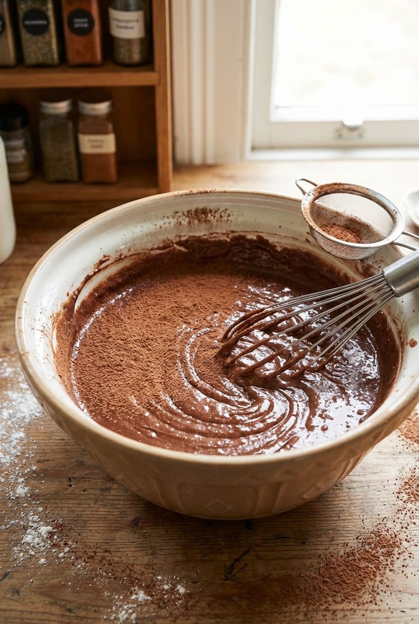 A mixing bowl with chocolate cake batter being whisked with cocoa dusted on the surface