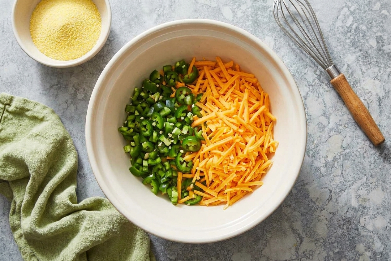 A mixing bowl with chopped fresh jalapeños and shredded cheddar ready to be folded into cornbread batter on a kitchen counter