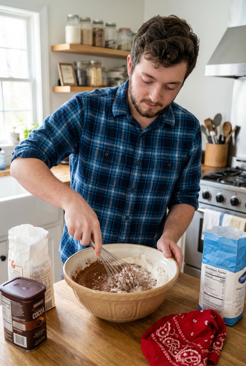 A mixing bowl with cocoa powder, flour, and sugar being whisked together on a kitchen counter