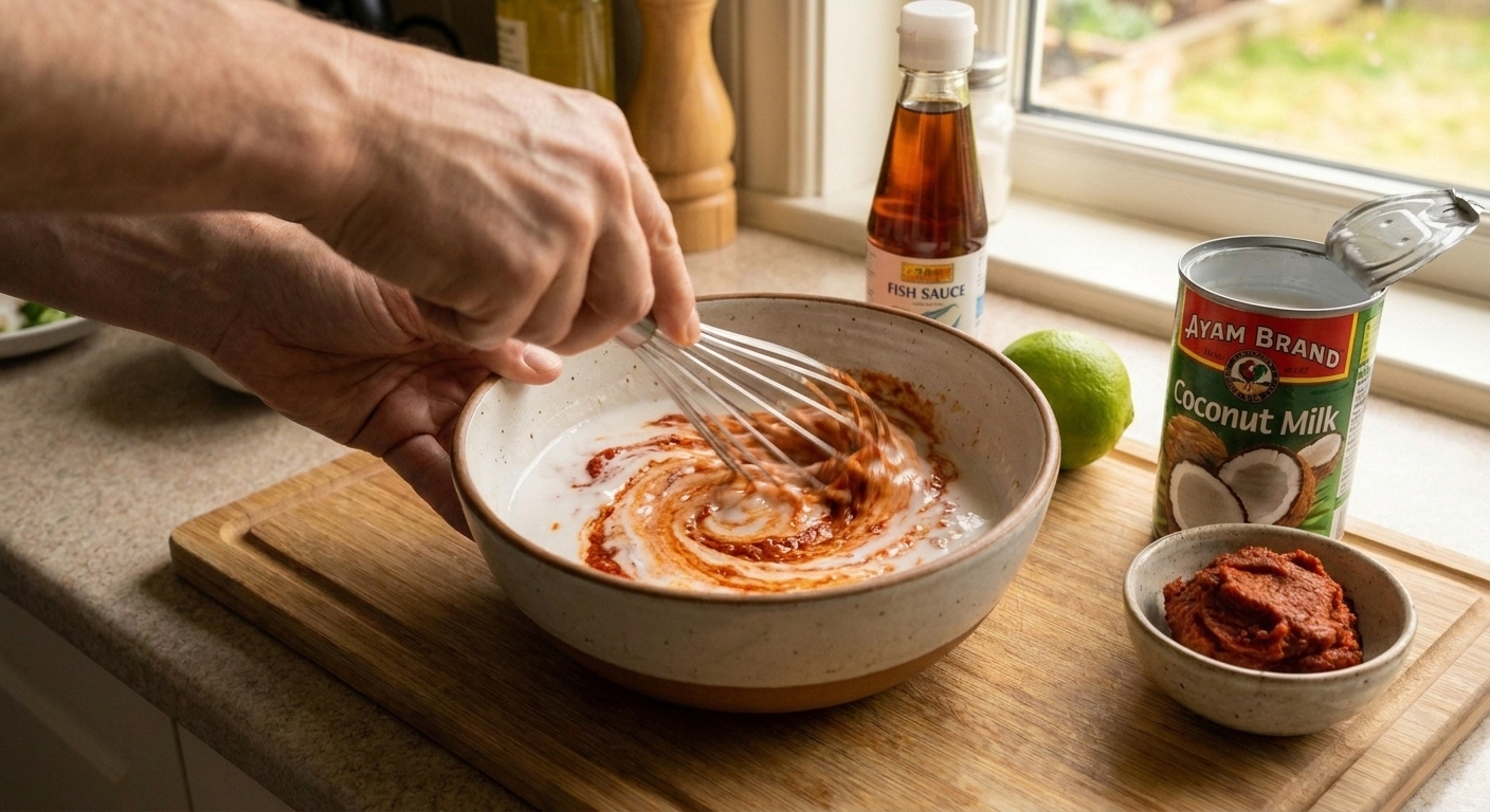 A mixing bowl with coconut milk and red curry paste being whisked together on a kitchen counter, with fish sauce and lime nearby