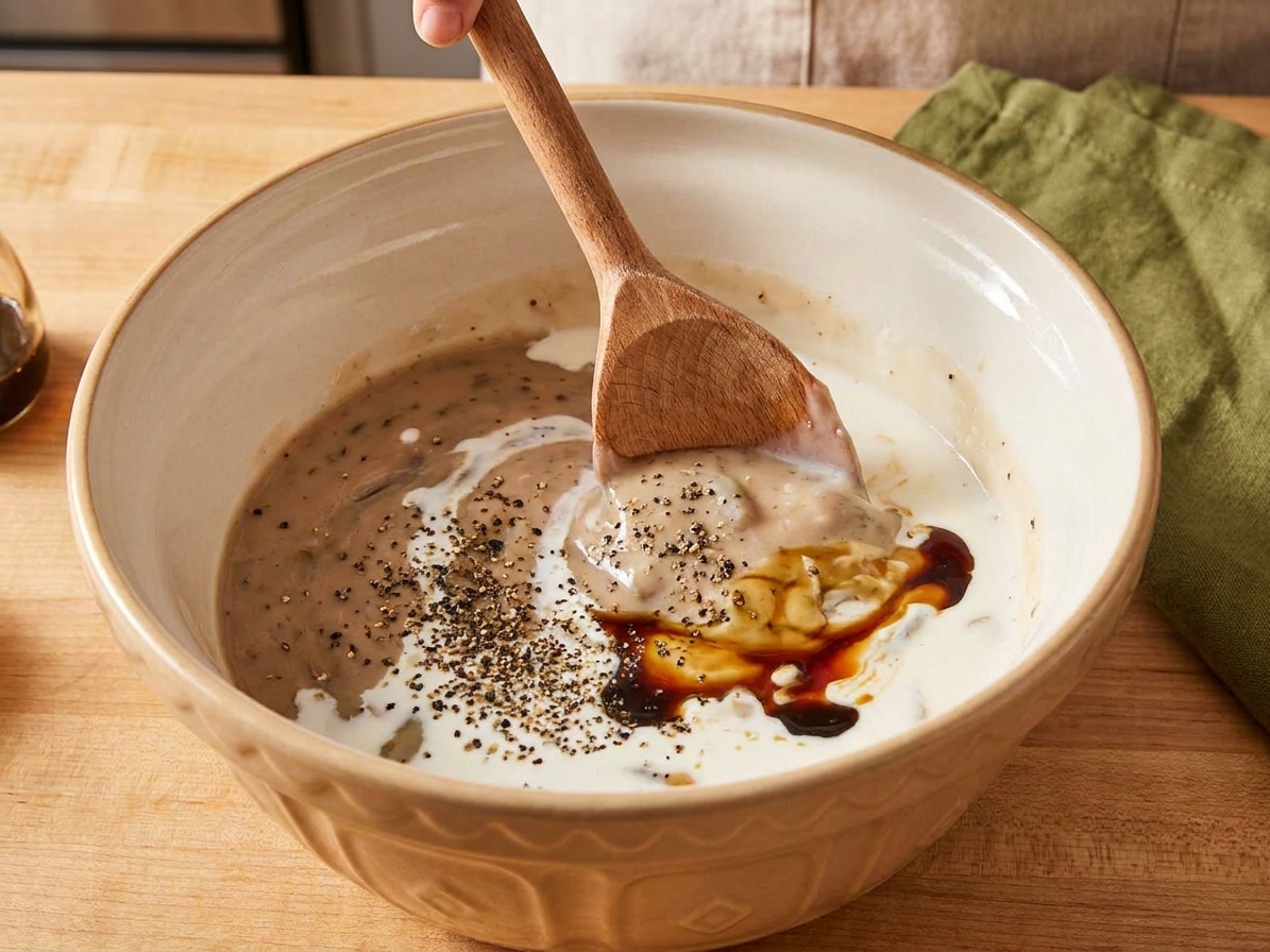 A mixing bowl with condensed cream of mushroom soup, milk, black pepper, and soy sauce being stirred together with a spoon on a kitchen counter
