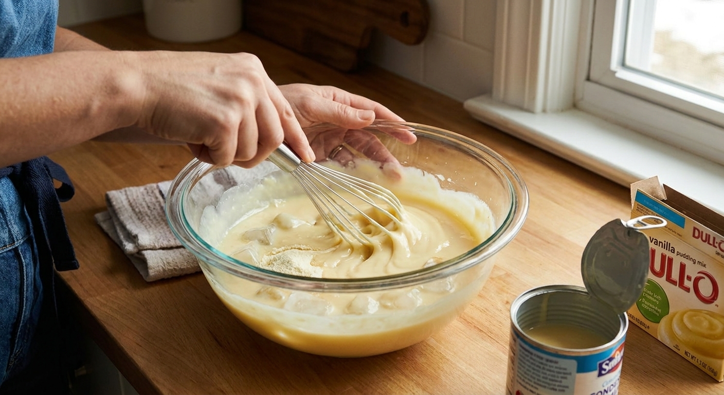 A mixing bowl with condensed milk, ice water, and vanilla pudding mix being whisked until smooth on a kitchen counter