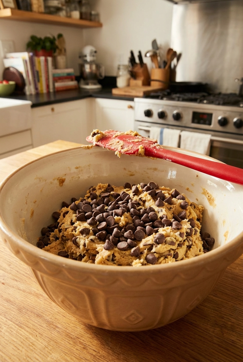 A mixing bowl with cookie dough studded with chocolate chips and a rubber spatula resting on the rim on a kitchen counter