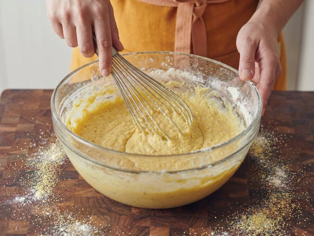 A mixing bowl with cornbread batter being whisked, with cornmeal and flour visible on the rim on a kitchen counter