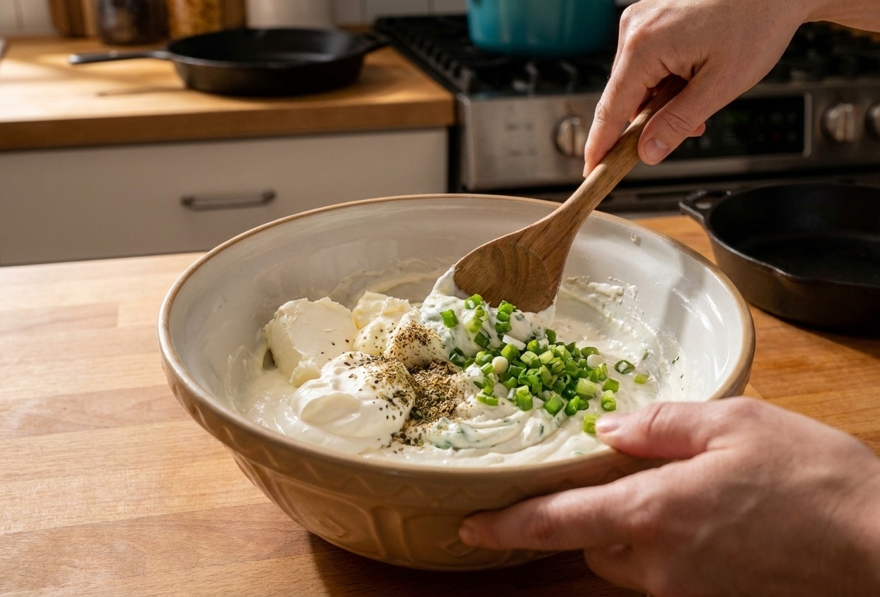 A mixing bowl with cream cheese, sour cream, and seasonings being stirred into a smooth base on a kitchen counter