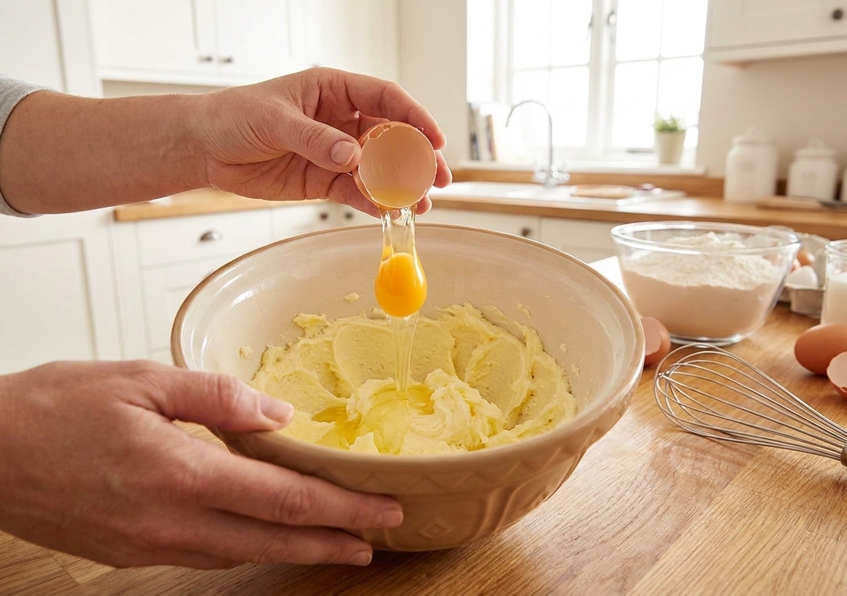 A mixing bowl with creamed butter and sugar as an egg is added, mid-step in a bright home kitchen