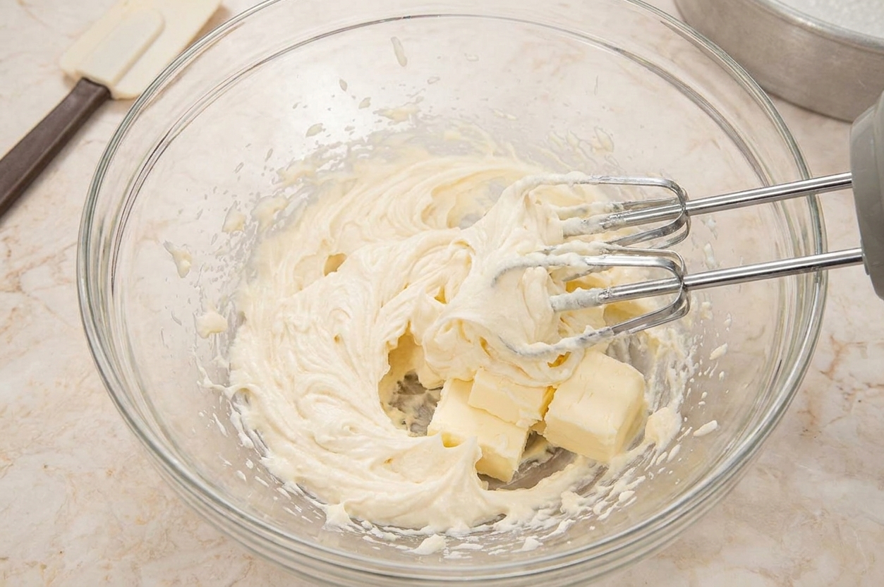 A mixing bowl with dairy-free butter being whipped into fluffy buttercream with a hand mixer on a bright kitchen counter