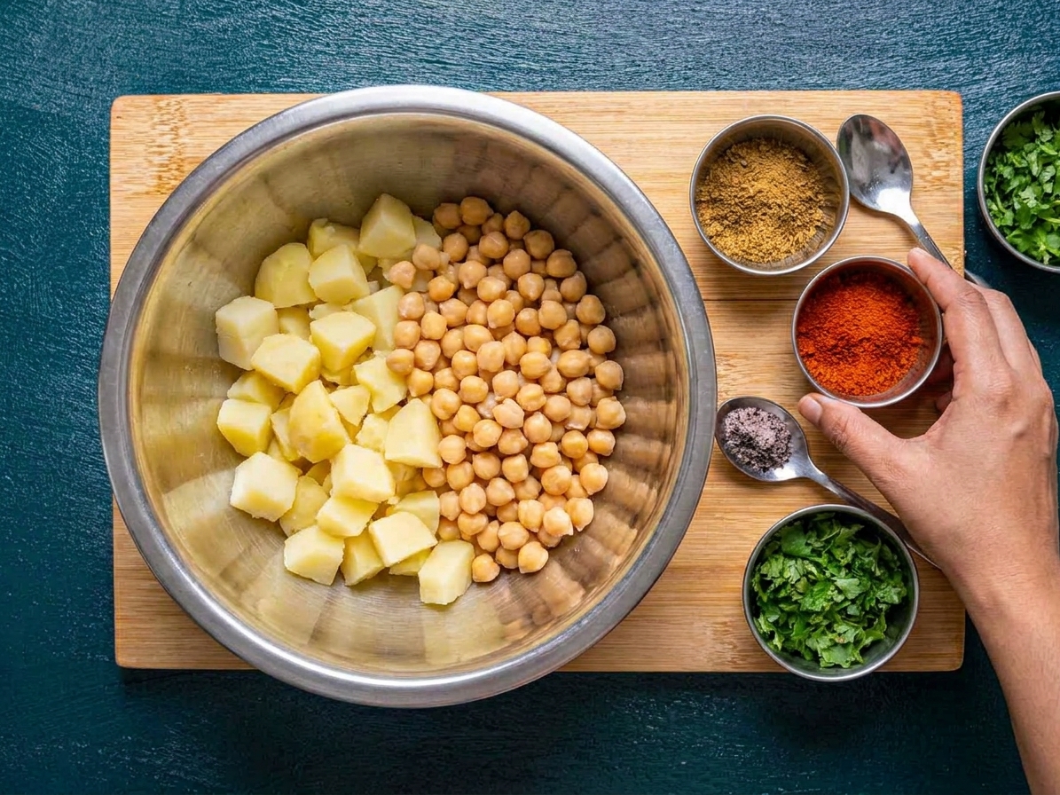 A mixing bowl with diced boiled potatoes and chickpeas ready to be seasoned on a kitchen counter