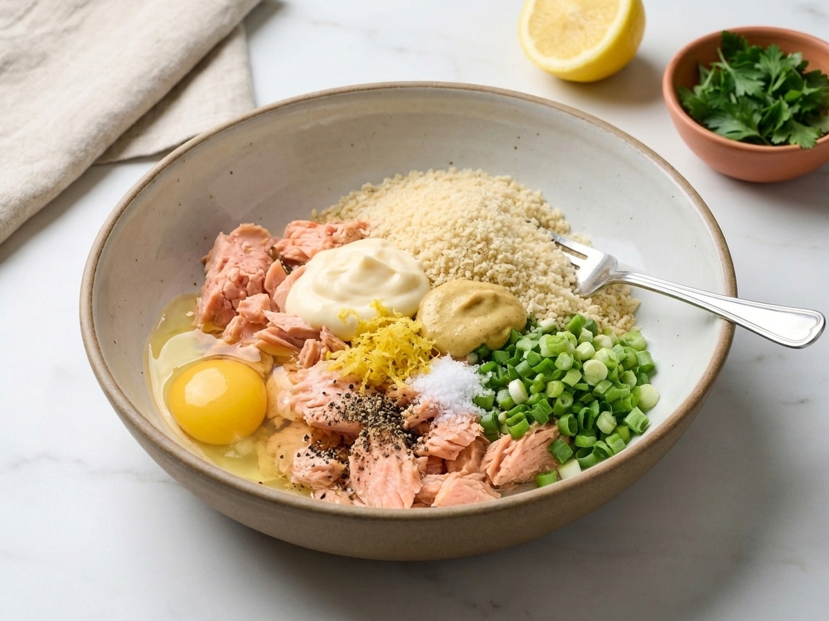 A mixing bowl with drained canned salmon, breadcrumbs, egg, mayonnaise, Dijon, lemon zest, green onions, and seasonings ready to be mixed on a kitchen counter