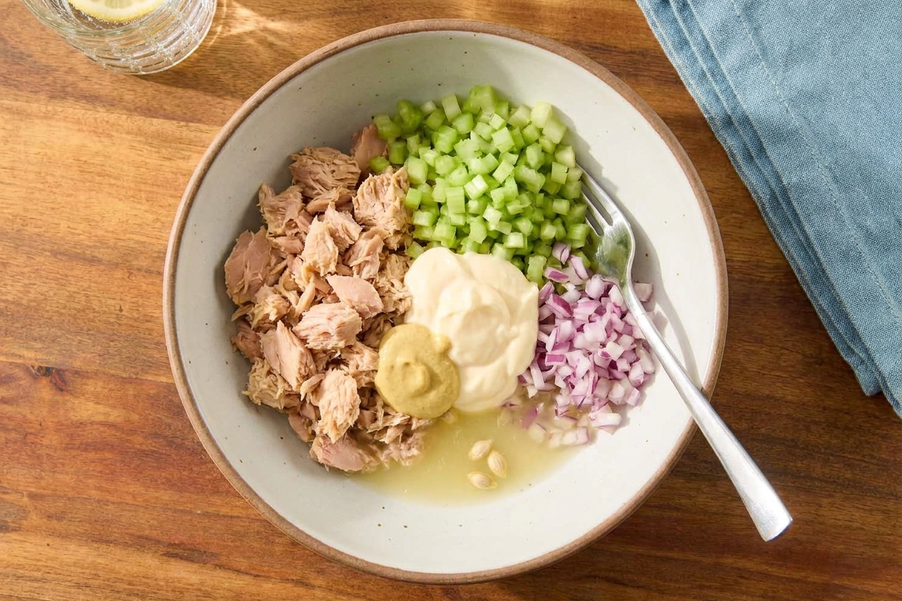 A mixing bowl with drained tuna, diced celery, diced red onion, mayonnaise, Dijon mustard, and lemon juice ready to be mixed