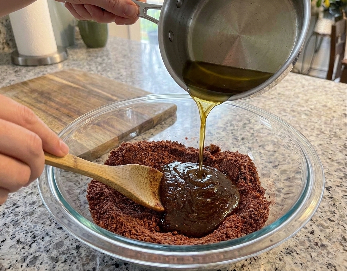 A mixing bowl with dried meat powder as melted tallow is poured in while a spoon stirs, forming a thick mixture