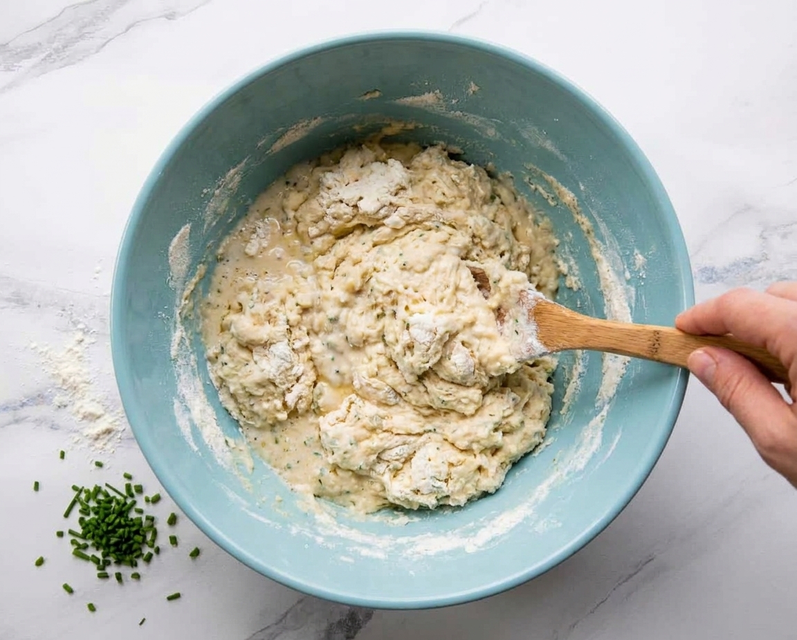 A mixing bowl with dumpling dough being stirred with a spoon, showing a shaggy, thick batter
