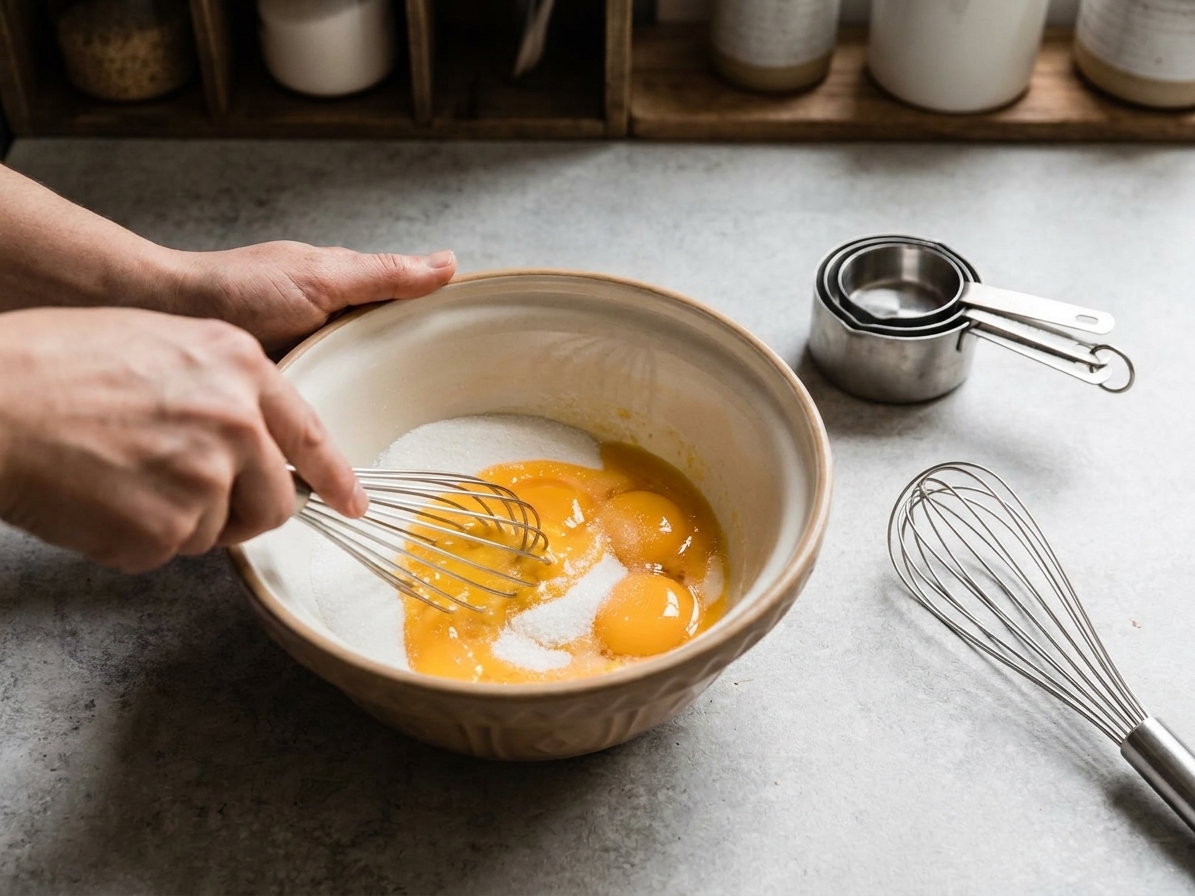 A mixing bowl with egg yolks and sugar being gently whisked on a light kitchen counter with a whisk and measuring cups nearby