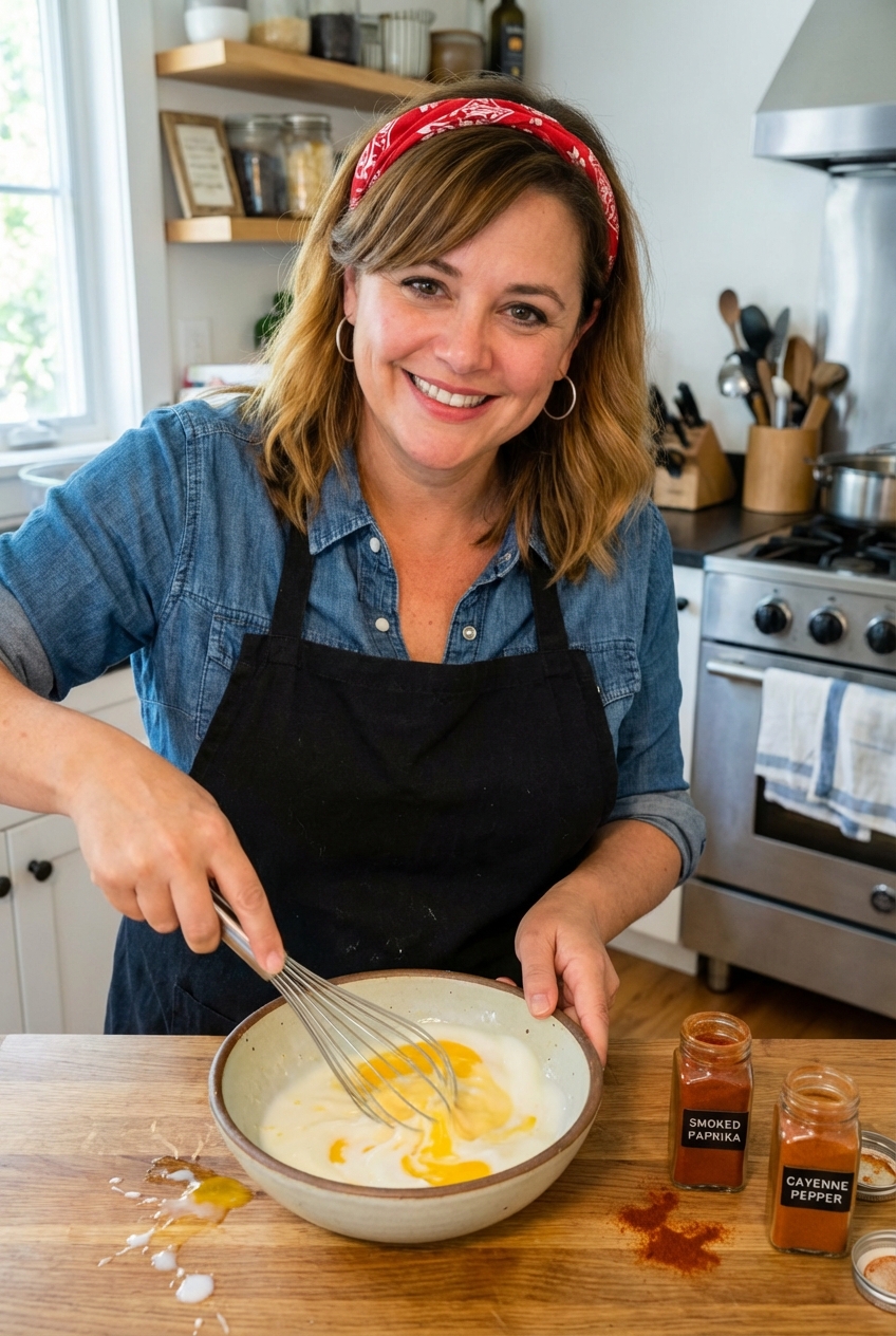 A mixing bowl with eggs and milk being whisked together, with smoked paprika and cayenne nearby on a kitchen counter