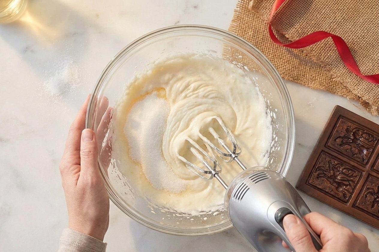 A mixing bowl with eggs and sugar being whipped until pale and thick, with a hand mixer over the bowl on a bright kitchen counter