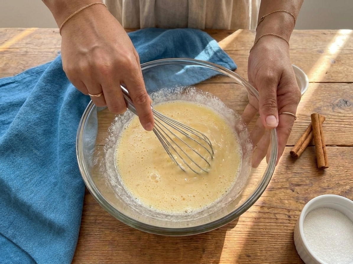 A mixing bowl with eggs and sugar being whisked into a smooth custard base on a kitchen counter