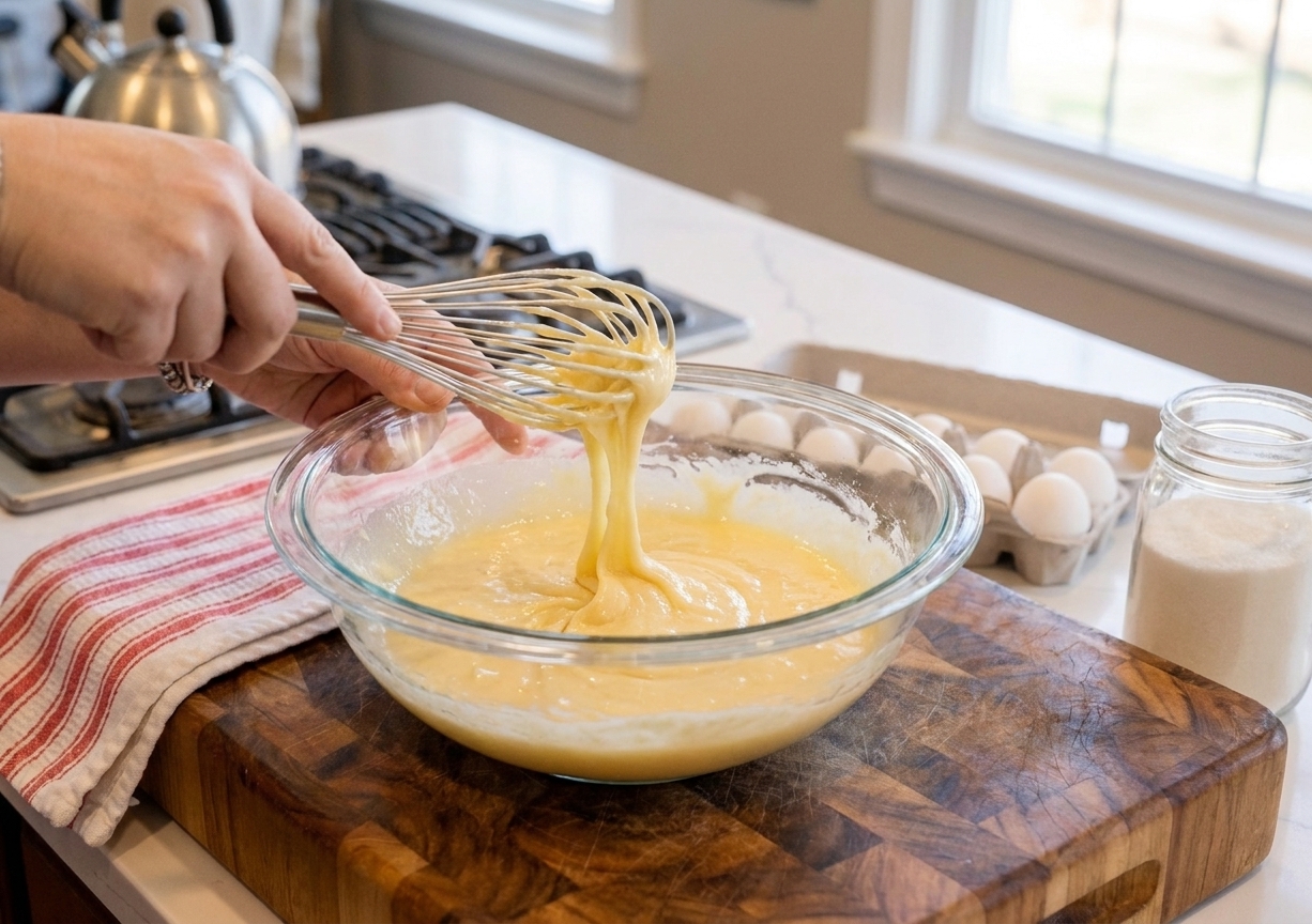A mixing bowl with eggs and sugar being whisked until glossy and slightly thickened