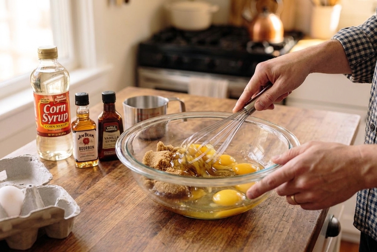 A mixing bowl with eggs, brown sugar, and corn syrup being whisked together on a kitchen counter