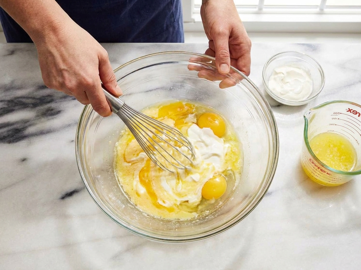A mixing bowl with eggs, sour cream, and melted butter being whisked together