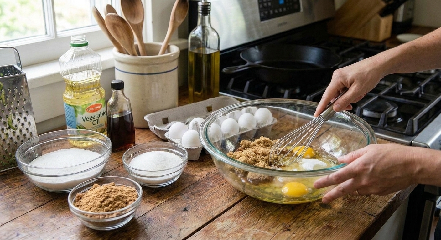 A mixing bowl with eggs, sugars, and oil being whisked together on a kitchen counter