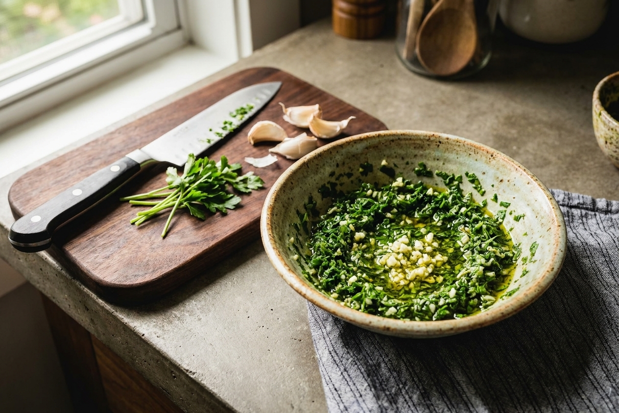 A mixing bowl with finely chopped parsley and minced garlic, with a knife and cutting board nearby on a home kitchen counter