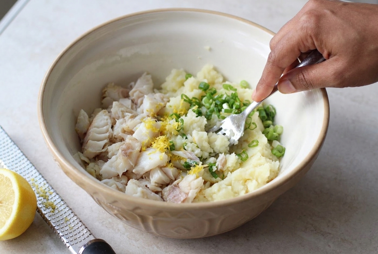 A mixing bowl with flaked cooked fish and mashed potatoes being combined with herbs and lemon zest using a fork on a kitchen counter