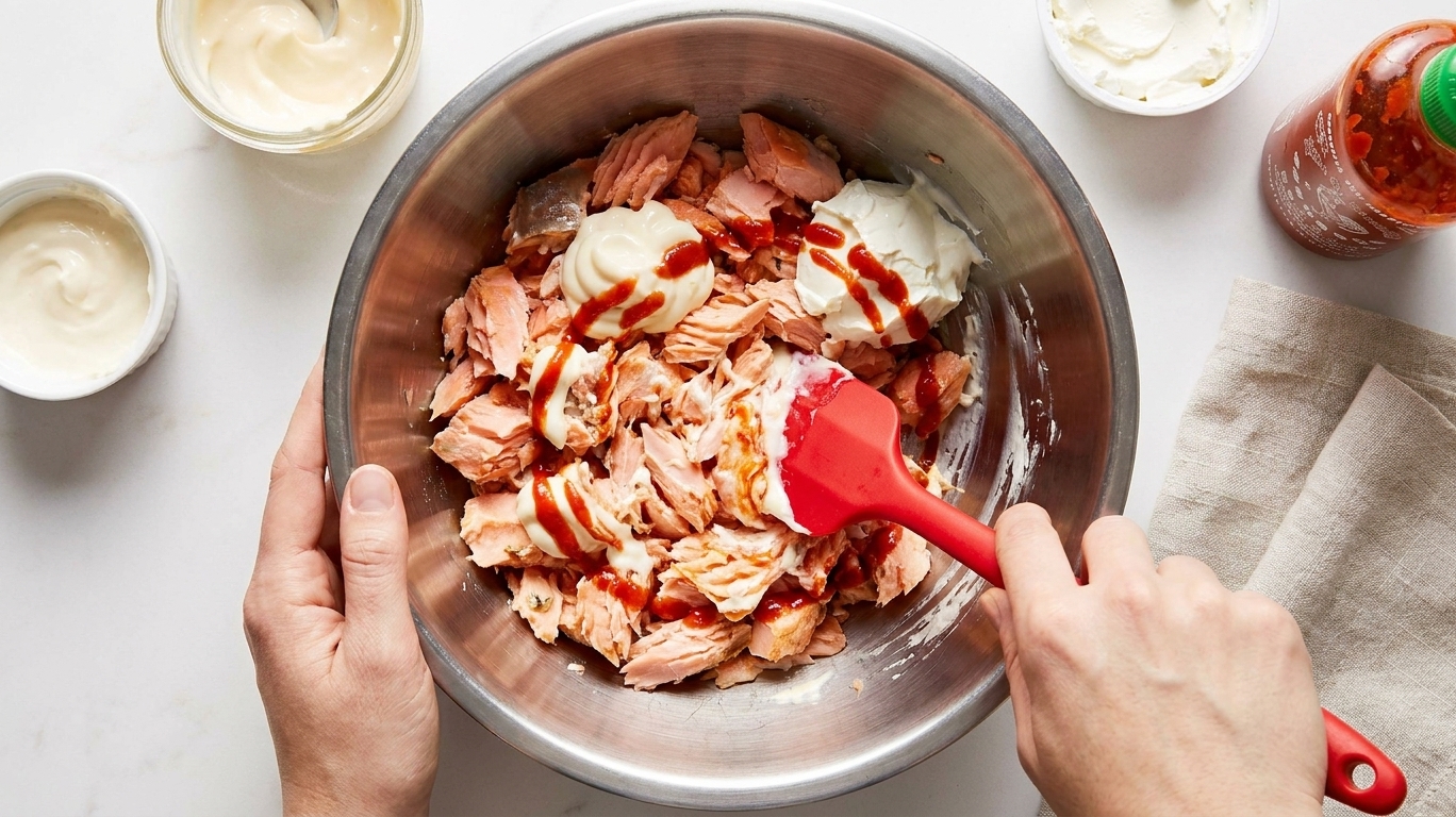 A mixing bowl with flaked salmon being stirred with mayo, cream cheese, and sriracha using a rubber spatula